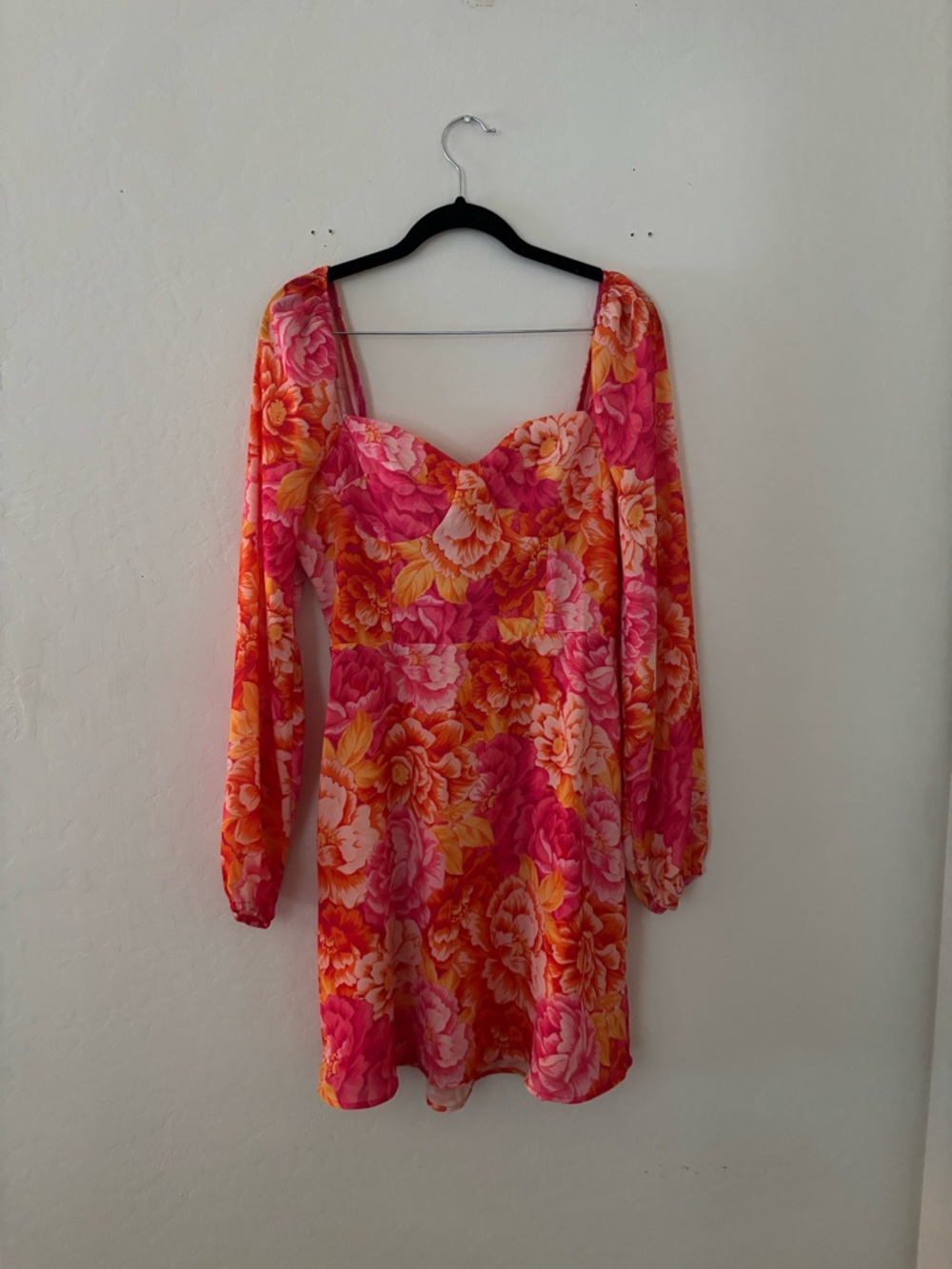 Steve Madden Pink Floral Long-Sleeve Mini Dress with Orange & Yellow Accents